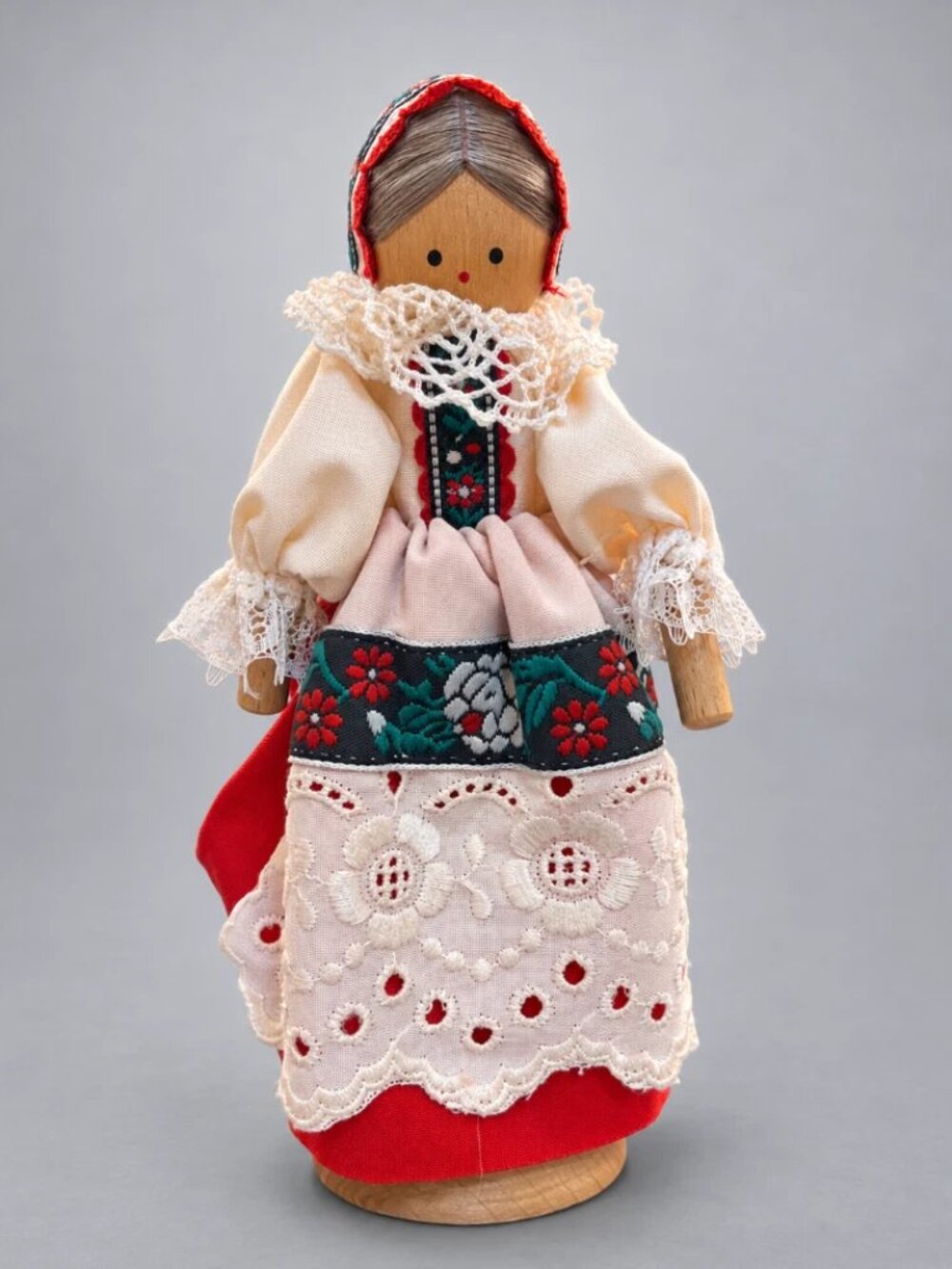 Vintage Wooden Folk Doll 7"; Traditional Costume Lace Apron Handcrafted European